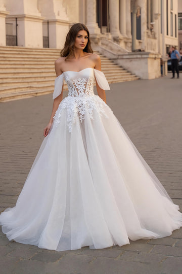 Ivory Off The Shoulder Appliqued Tulle Bridal Gown Dress with Sweep Train